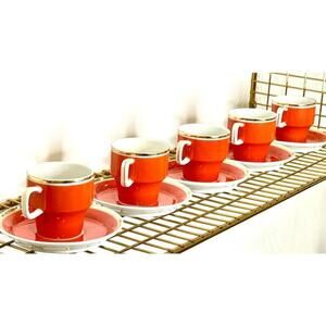 Set of 5 Vintage Hollohaza Hungary Espresso Cups & Saucers – Red Gold Porcelain